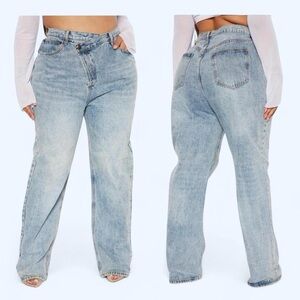 Fashion Nova Light Blue Crossover Waistband Straight Leg Denim Jeans- XL/Large